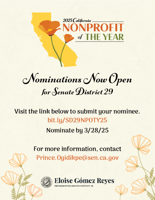 2025 California NONPROFIT of THE YEAR FLYER. Nominations now open for Senate District 29.