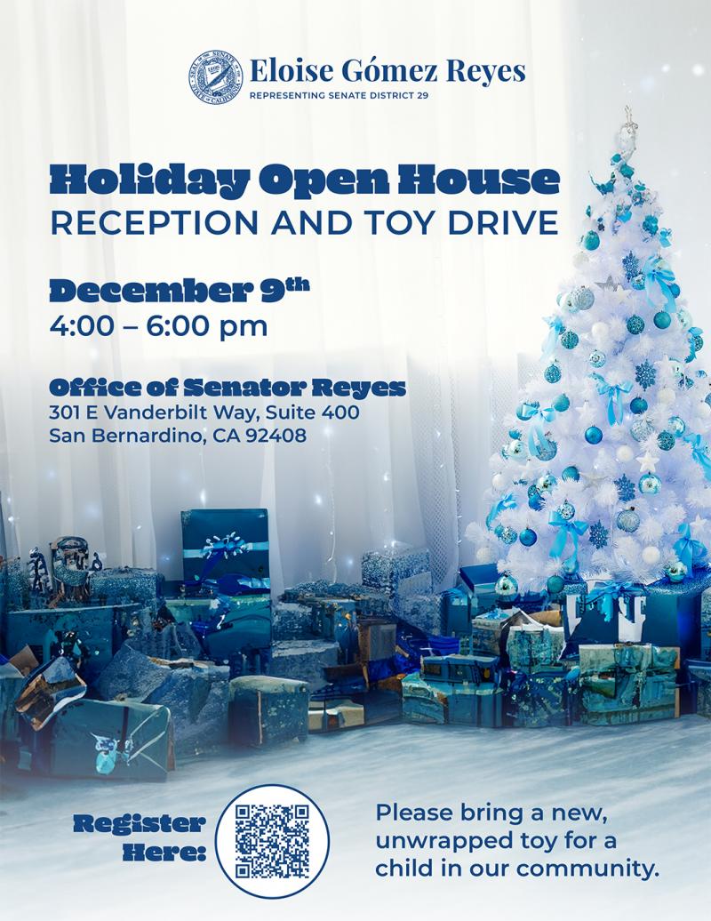 Flyer for the Holiday Open House which will feature a toy drive.