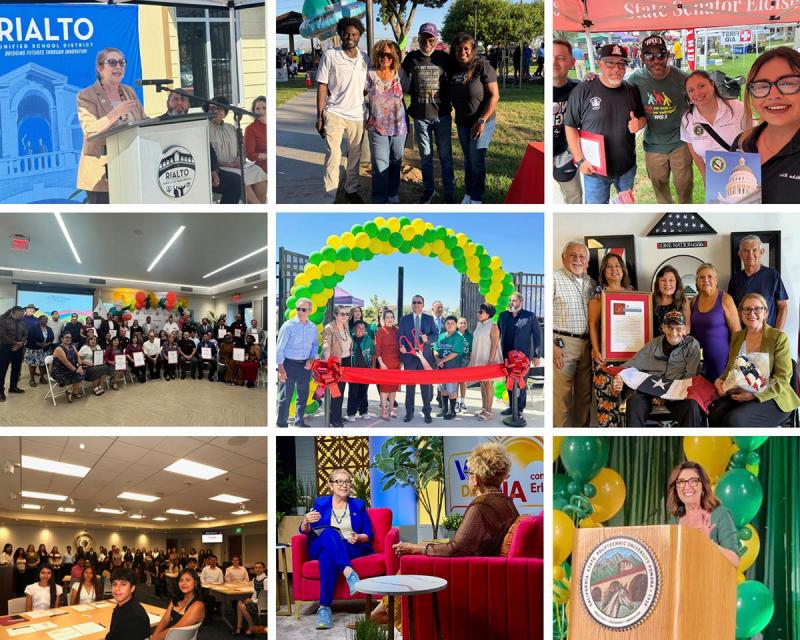 Various pictures from the district are arranged in a collage showing Senator Reyes and her staff with constituents at meetings and events.