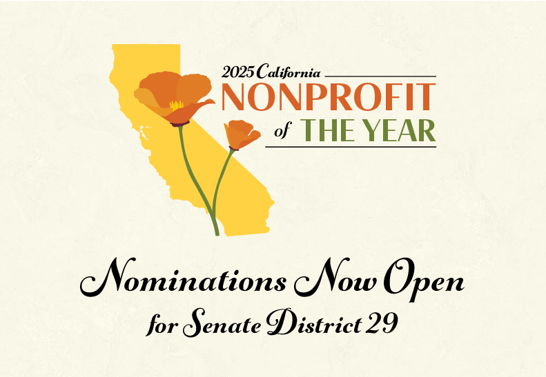 Logo of the 2025 California Nonprofit of the year. Includes the California Map and California Poppies. 