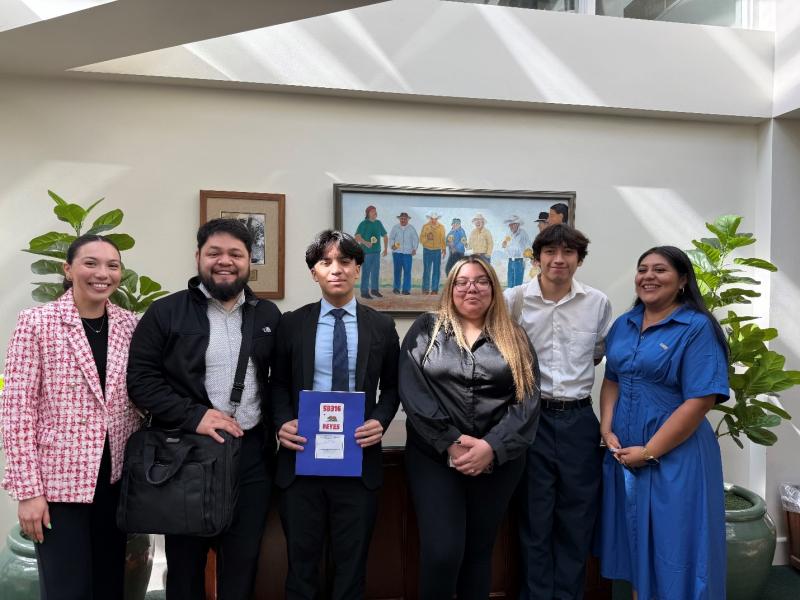 Pictured above, from left to right: Valerie Rodriguez, Legislative Aide for Senator Eloise Gómez Reyes; Arturo Orozco, Community Organizer for Inland Congregations United for Change (ICUCPICO); Junior Torres Gutierrez, SBCUSD Student; Angela Cardenas, Youth Organizer for ICUCPICO; Ozzie Dolan, SBCUSD Student; and Ruth Sosa Martinez, Policy Strategist for Power California 