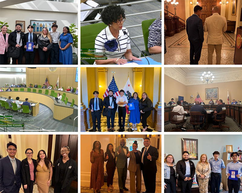 Images of Senator Reyes staff and bill proponents at the State Capitol and in committee hearings.