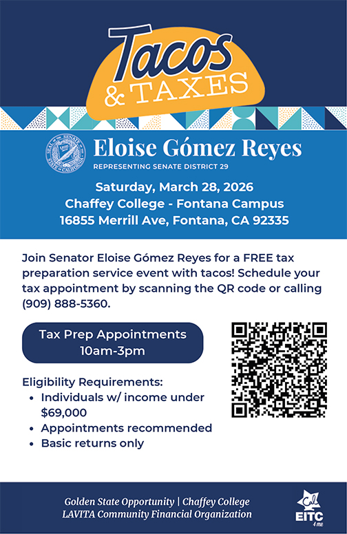 English flyer for Tacos & Taxes event