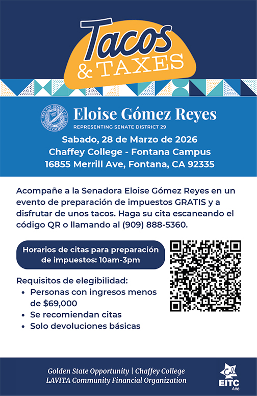 Spanish flyer for Tacos & Taxes event