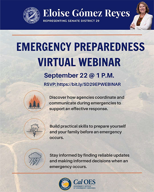 Graphic with 3 pieces of information for the Emergency Preparedness Virtual Webinar